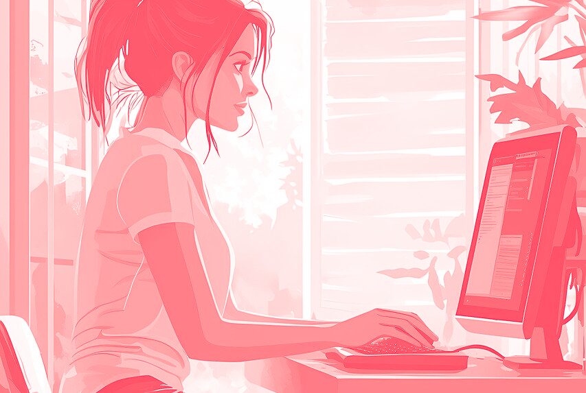 Une illustration d'une femme en plein productivité à son ordinateur de bureau.