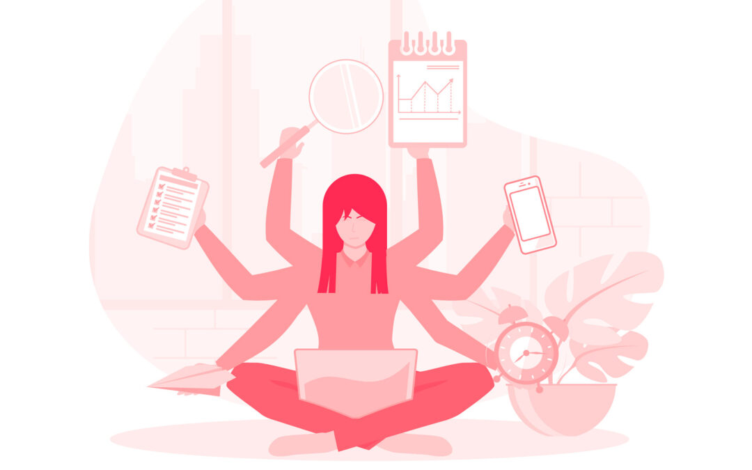 in the Yoga position and doing many tasks at the same time. flat vector modern illustration