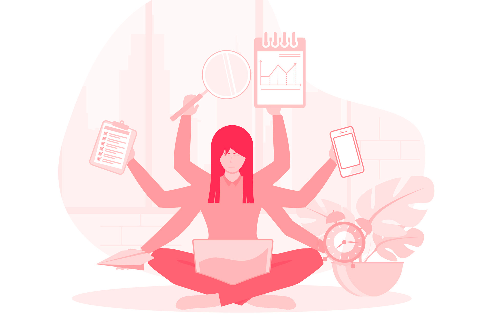 in the Yoga position and doing many tasks at the same time. flat vector modern illustration